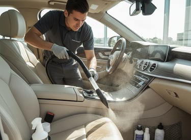 a man in a car with a vacuum cleaner
