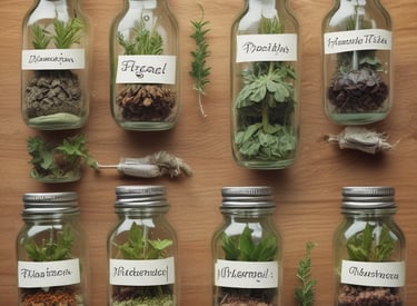 A close-up of fresh green herbs and flowers arranged on a wooden table.