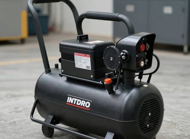 A professional technician inspecting a high-quality air compressor in a bright, modern workshop.