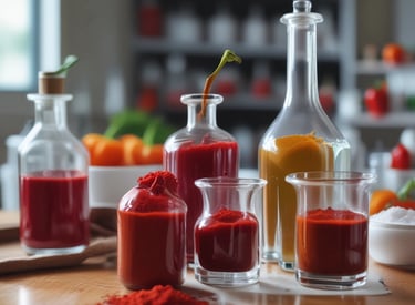 Technicians in white lab coats inspecting chili extract oleoresin samples.