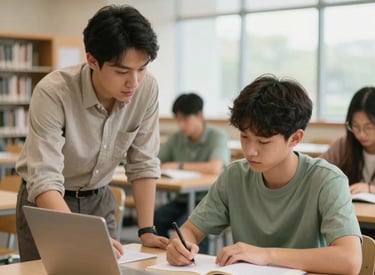 A North American / US youth in a focused study environment, like a modern public library. The composition uses soft, natural light and a palette of beige and sage green to evoke a sense of professional guidance and quiet opportunity.
