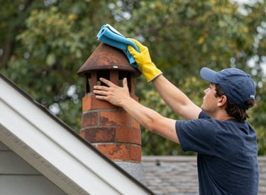 Close-up of chimney brush removing buildup, with protective gear visible