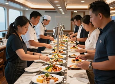 A cruise ship dining room with attentive staff serving guests with smiles.