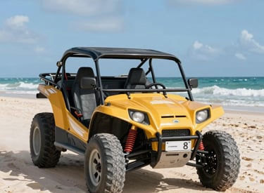 Excited travelers riding dune buggies across golden sandy trails with lush greenery