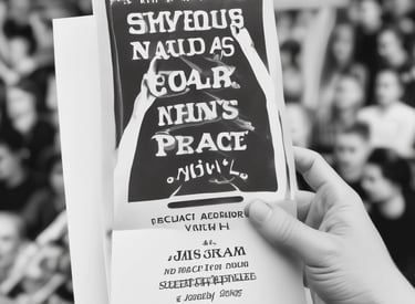 Close-up of a colorful event program featuring local business ads and arts information.