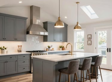 A beautifully remodeled kitchen with warm southern orange accents and sleek blue cabinetry.