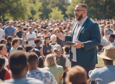 Volunteers handing out food and Bibles to people in a neighborhood setting.
