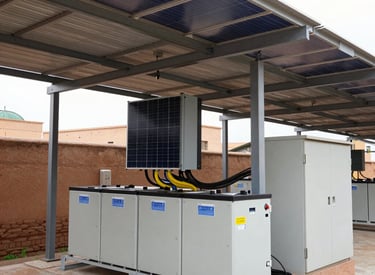 Technician inspecting hybrid solar battery system outdoors.
