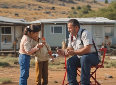 A nurse warmly greeting patients at a rural clinic.