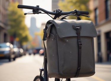 A stylish backpack hanging on a bike handlebar, made from rugged materials perfect for daily urban adventures.