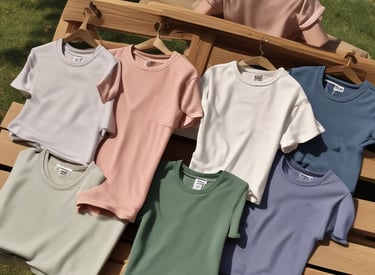 A collection of soft, breathable tees in muted tones laid out on a wooden bench in a sunlit park.