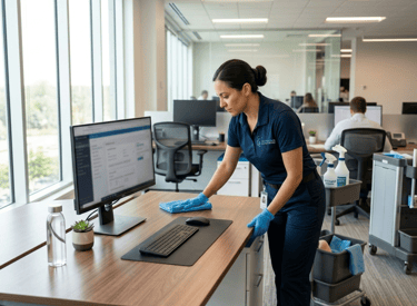 Professional office cleaner sanitizing a modern workstation desk with a microfiber cloth and cleaning supplies.