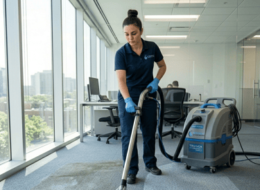 Professional office carpet cleaning services using an industrial steam extractor in a modern workspace.