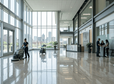 Professional janitor using an industrial floor scrubber in a modern commercial office lobby.