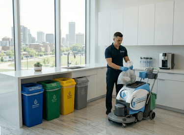 Professional janitor using an industrial floor scrubber and emptying trash in a modern office kitchen.