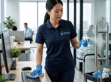 Professional office cleaner sanitizing a desk and glass door handle in a modern corporate workspace.
