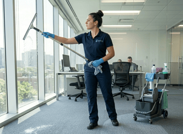 Professional female cleaner using a squeegee to wash office windows with a cleaning cart nearby.