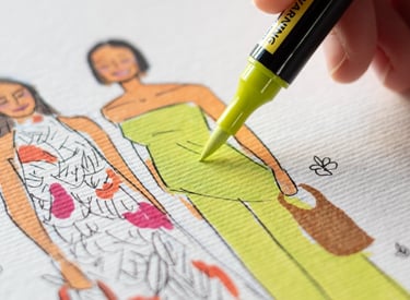 fotografia de detalle de una ilustración hecha con rotulador acrílico de dos chicas con vestidos estilosos