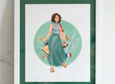 Ilustración detallada de una chica morena enmarcada y a todo color. hecha en gouache