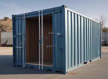 A sturdy dry container stacked in a shipping yard under clear skies.