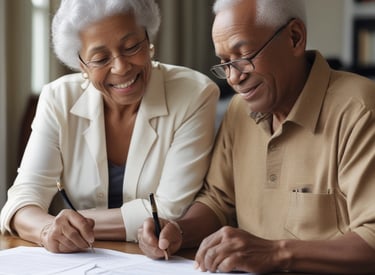 a man and woman sitting at a table with papers and papers