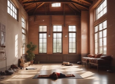 A serene room with soft lighting where a person practices conscious connected breathing.