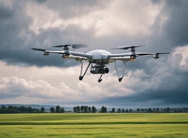 A close-up of a drone equipped with a mode-s transponder flying over a test field at sunset.