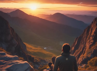 A calm morning scene with a man journaling by a window, sunlight streaming in.