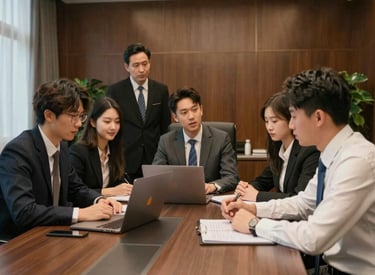 Elegant business meeting in a modern minimalist office with golden accents and dark marble surfaces.