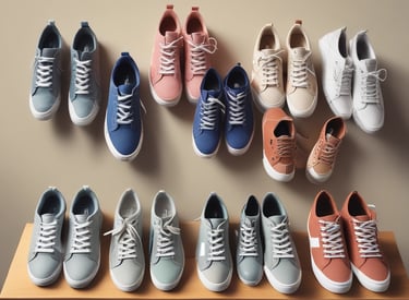 Display of finished casual and outdoor boots arranged neatly on minimalist shelves.