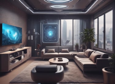 A friendly technician repairing a laptop in a bright, modern workshop filled with computer parts.