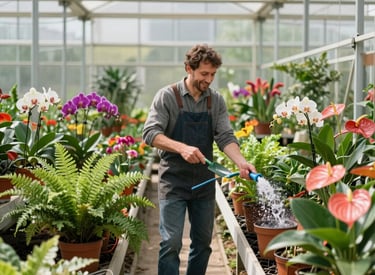 A farmer tending to a vibrant greenhouse filled with ornamental plants.
