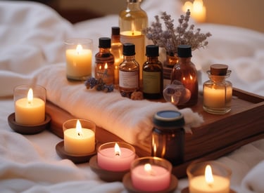 Aromatherapy oils and candles arranged beside a spa bed in a cozy room.