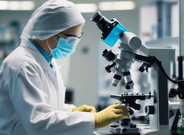 Laboratory technician carefully analyzing blood samples under a microscope in a modern clinical lab.