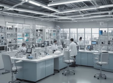 Team of healthcare professionals discussing lab results around a table in a bright, modern room.