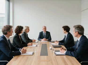 A wide shot of a professional meeting in a minimalist Danish boardroom with large windows. People are engaged in a calm, respectful discussion. The palette features dark blue and off-white tones.