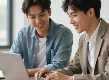 A friendly consultant speaking with an international student in a bright office.