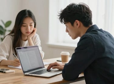 A friendly consultant speaking with an international student in a bright office.