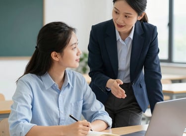 A friendly consultant speaking with an international student in a bright office.