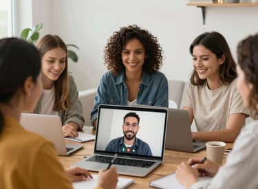 A small, intimate group of diverse people engaging in a supportive conversation in a warm room