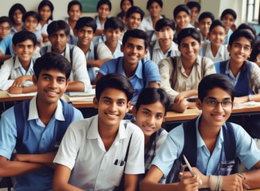 Volunteers distributing school bags and stationery to smiling children.