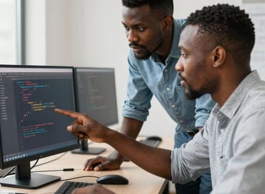 Modern office workspace with diverse team collaborating on AI and data projects.