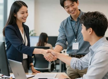 IT contractor meeting with client in a bright office space.