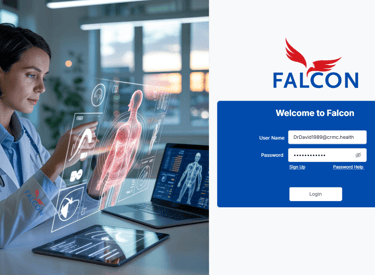 a woman in a lab coat and a laptop computer screen