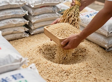 Close-up of neatly packed rice sacks ready for shipping at a busy port.
