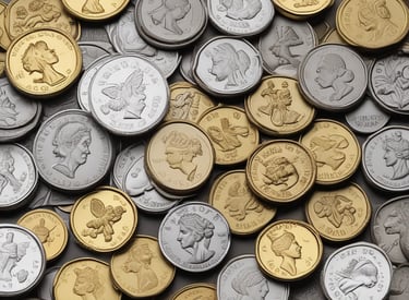 A close-up of gold and silver coins and jewelry displayed on a wooden table at Pat's Coins shop.