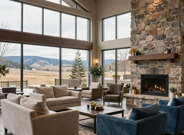 A wide photography shot of a spacious, high-end community lounge with comfortable armchairs, a large stone fireplace, and floor-to-ceiling windows looking out over a North American / US landscape, soft natural lighting, decorated in Off-White and Steel Blue tones.