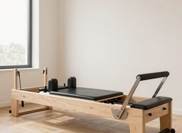 A calm Pilates studio with a trainer guiding a beginner through basic exercises.