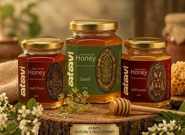 Atavi forest harvest honey jars including Saunf, Multi Flora, and Wild Acacia flavors 