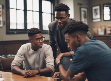 A group of men mentoring young boys in a community center.